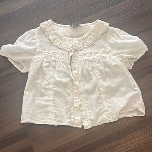 American Eagle Outfitters Cream Ruffle-Trim Button Front Top